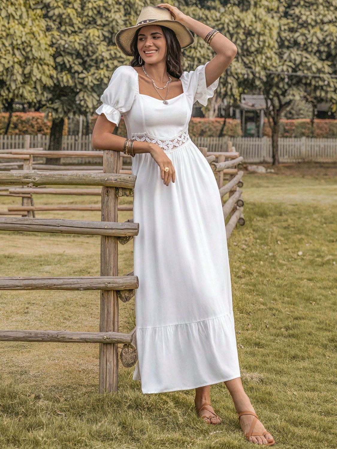 Square Neck Flounce Sleeve Midi Dress - store name